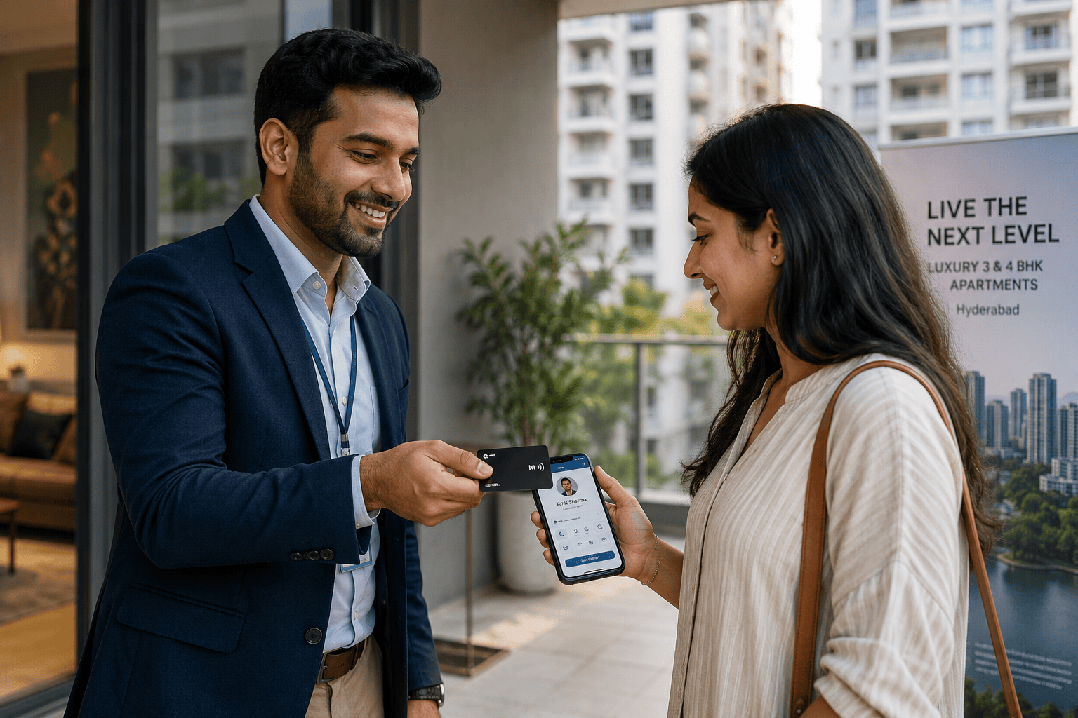 real estate agent sharing NFC digital visiting card at property site visit India