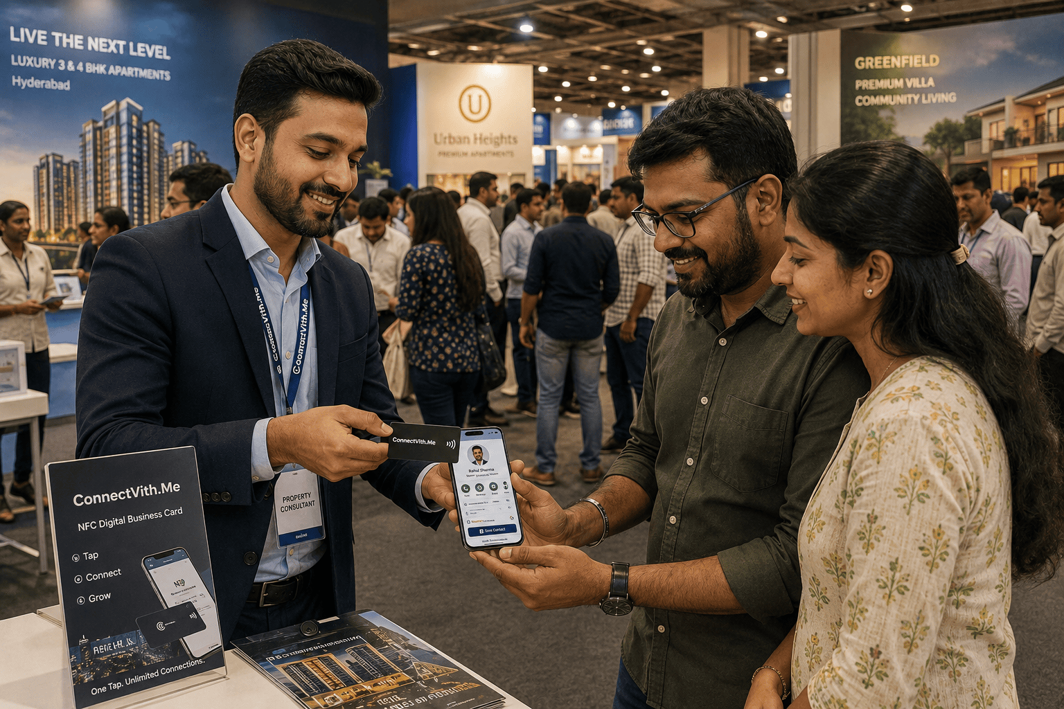 real estate agent showcasing his ConnectVith.Me's NFC card at an expo